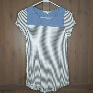 Minimi Top Juniors Small White Navy Striped Short Sleeve Scoop Neck Contrast